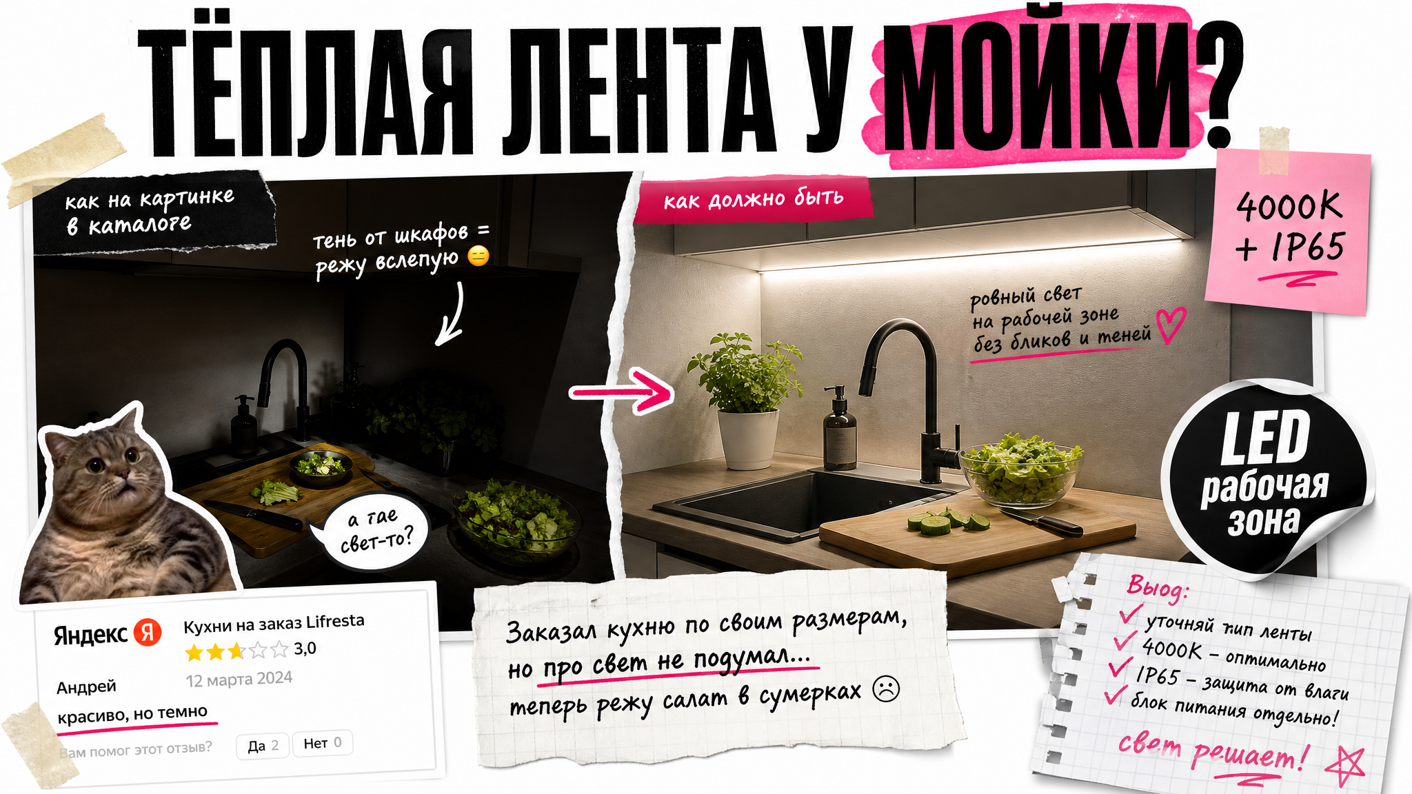 Как выбрать подсветку для кухни: светодиодная лента, цвет и чек-лист до заказа